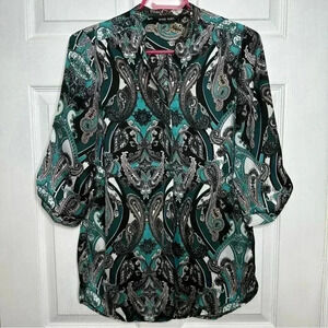 Brody Myles Blouse Collared Buttons Green/Blue/White  Patterned Size Small